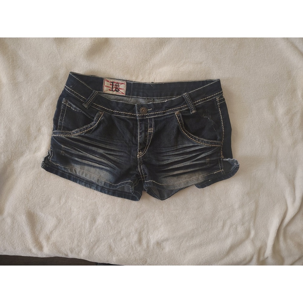 1st Kiss Womens Denim Shorts Dark Wash Thick Stitch Whiskered Y2K Low Rise